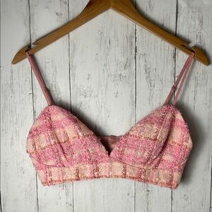 Bardot Pink Tweed Crop Top M Coquette Aesthetic Barbiecore Corset Style